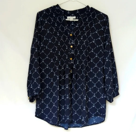 CHARTER CLUB Navy Blouse Anchor Print 3 4 Sleeve Pleated Like New